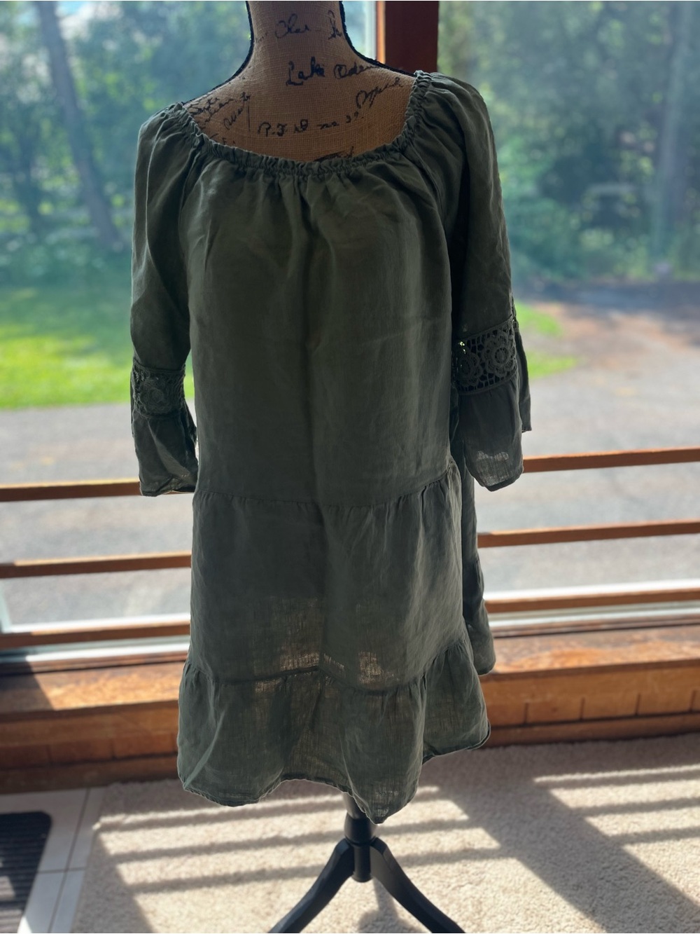 Olive Green Boho Tunic Dress - 100% Linen
